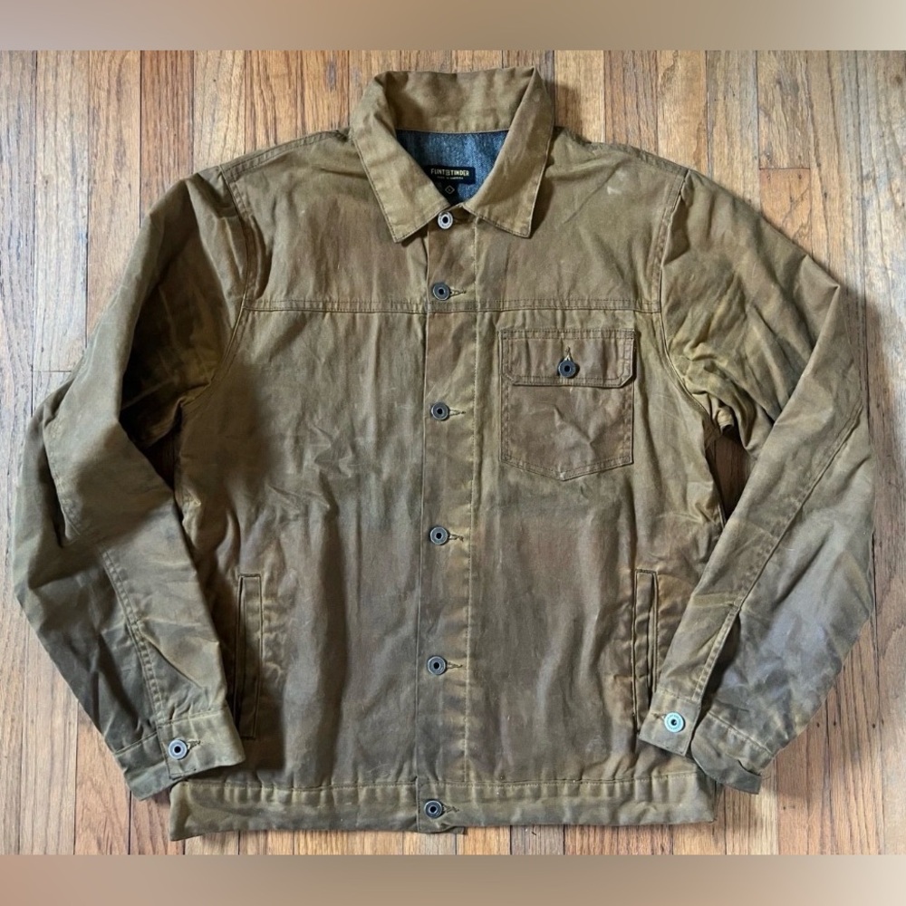 Flint and Tinder Waxed Trucker Jacket Men Large Tan Brown Lined Made USA